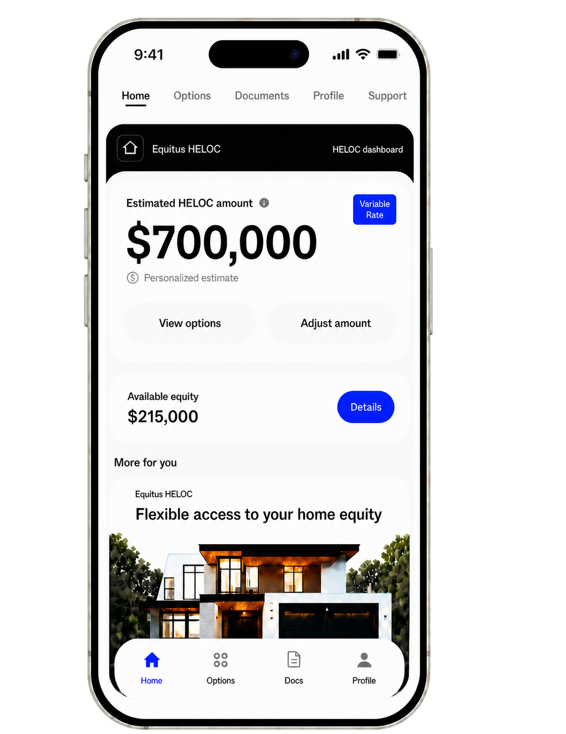 Equitus HELOC estimate dashboard shown on a premium phone